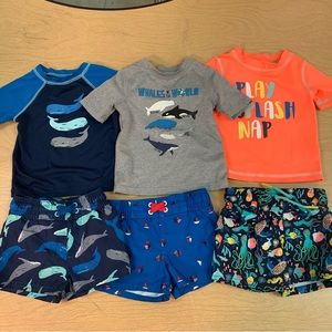 EUC Cat & Jack Swimming Trunks and rash guards 6-9 months